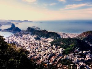 Panoramic view of some of the best neighborhoods to live in Rio de Janeiro, ocean and mountains in the background