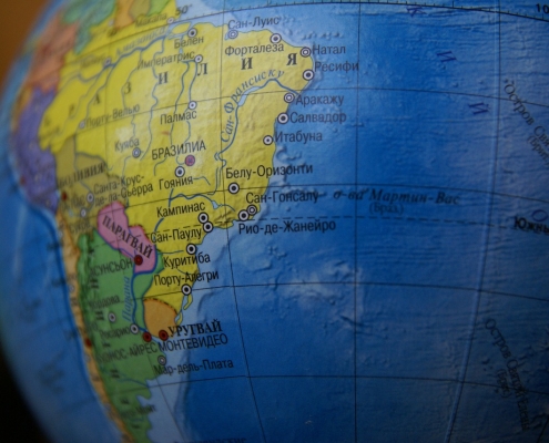 Part of the globe showing South America and the surrounding oceans